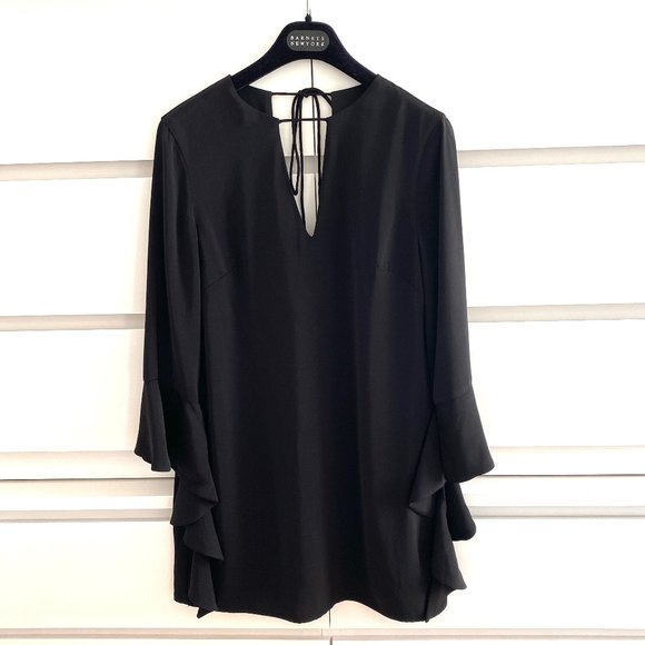 Rare C/MEO Collective black V-neck mini dress with unique flare sleeves - Picture 15 of 16